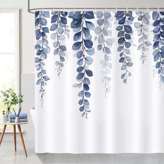 Unyqoos® Stijlvol douchegordijn met blauwe eucalyptusbladeren, waterdicht en schimmelwerend, inclusief 12 haken