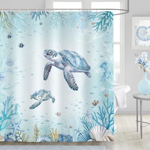 Unyqoos® Maritiem douchegordijn met schildpadmotief en haken voor badkamer