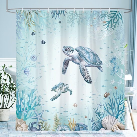 Unyqoos® Maritiem douchegordijn met schildpadmotief en haken voor badkamer