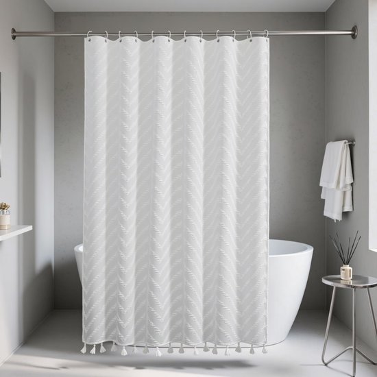 Unyqoos® Wit Douchegordijn in Boheemse Stijl, 180 x 200 cm, Schimmelwerend en Waterafstotend met C-vormige Ringen