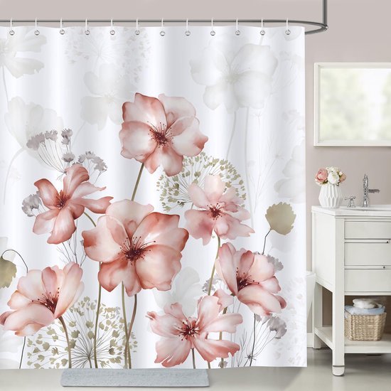 Unyqoos® Elegant Aquarel Douchegordijn met Roze Bloemen en Planten, 180 x 180 cm, Inclusief Haken