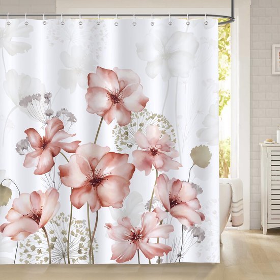 Unyqoos® Elegant Aquarel Douchegordijn met Roze Bloemen en Planten, 180 x 180 cm, Inclusief Haken