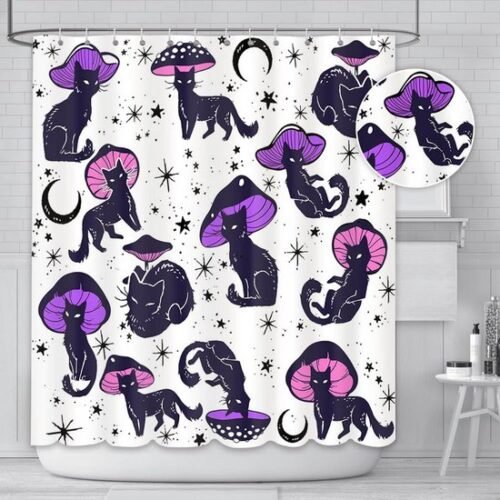 Unyqoos® Katten Douchegordijn met Grappige Zwarte Kat en Paddenstoel voor Thuisgebruik, Inclusief 12 Haken, 180 x 180 cm