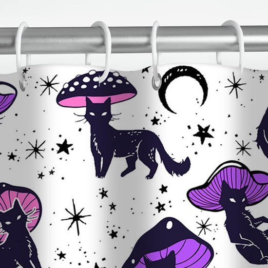 Unyqoos® Katten Douchegordijn met Grappige Zwarte Kat en Paddenstoel voor Thuisgebruik, Inclusief 12 Haken, 180 x 180 cm