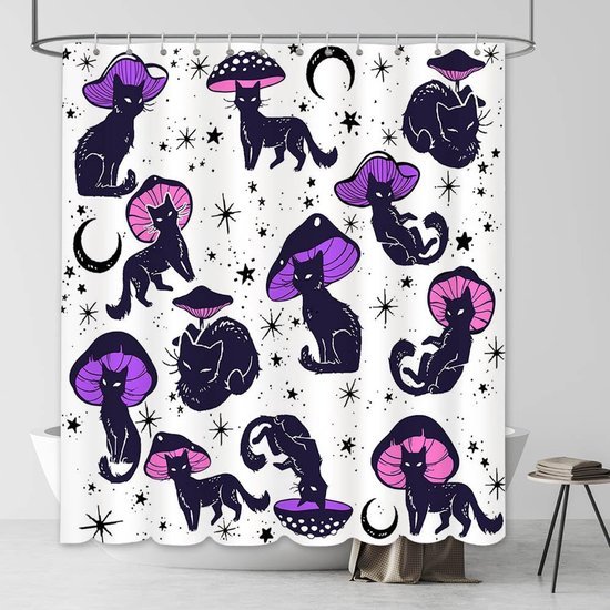 Unyqoos® Katten Douchegordijn met Grappige Zwarte Kat en Paddenstoel voor Thuisgebruik, Inclusief 12 Haken, 180 x 180 cm