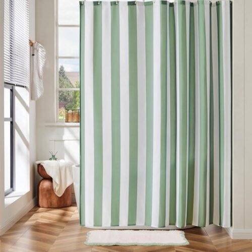 Unyqoos® Retro gestreepte badkamergordijn in saliegroen voor een frisse uitstraling