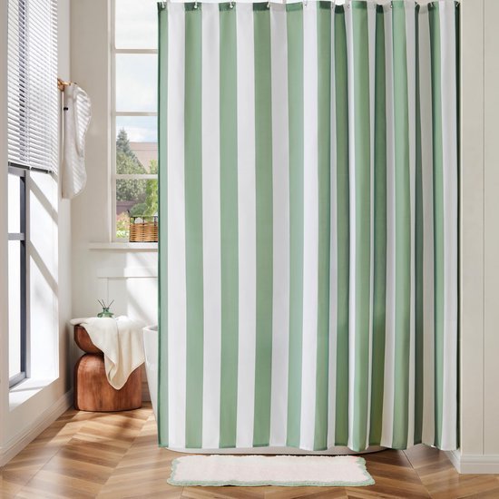 Unyqoos® Retro gestreepte badkamergordijn in saliegroen voor een frisse uitstraling