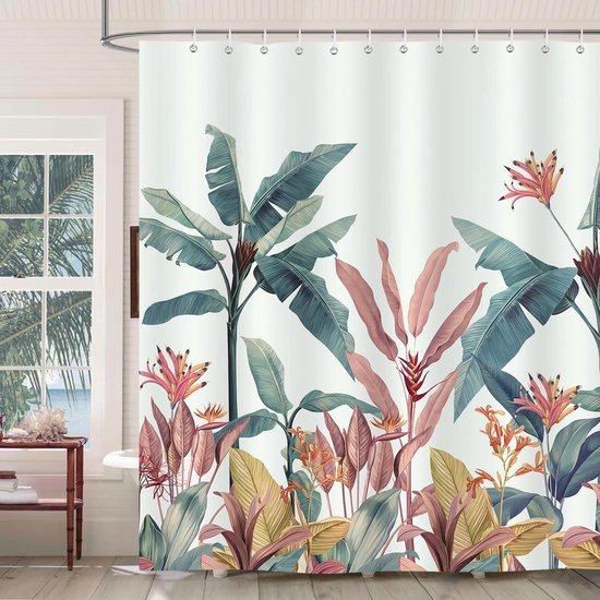 Unyqoos® Waterdicht Badkamergordijn met Tropische Bladeren en Bananenprint, Inclusief 12 Haken, 180 x 180 cm