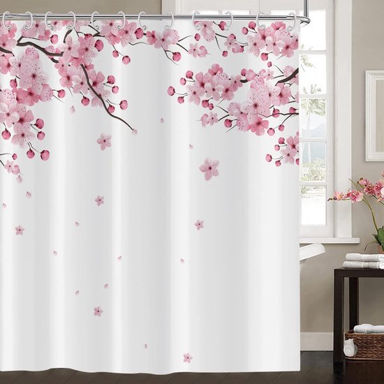 550x550-7526.jpg Unyqoos® Roze Bloemendouchegordijn 180 x 200 cm met Japanse Sakura Kunst en Haken