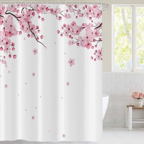 550x550-7527.jpg Unyqoos® Roze Bloemendouchegordijn 180 x 200 cm met Japanse Sakura Kunst en Haken