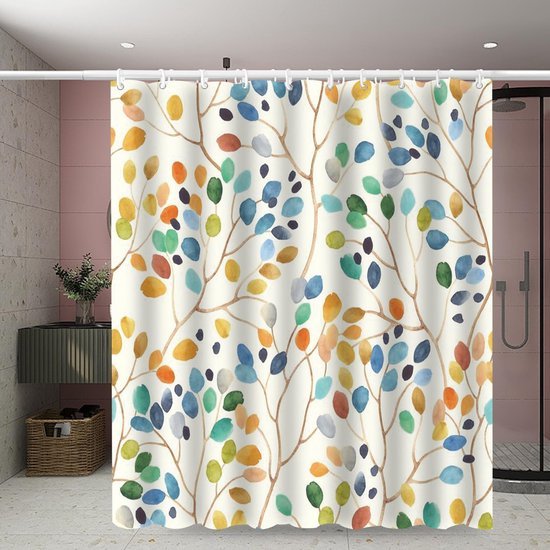 550x550-7542.jpg Unyqoos® Waterdicht polyester douchegordijn met bladpatroon en haken 180x200 cm