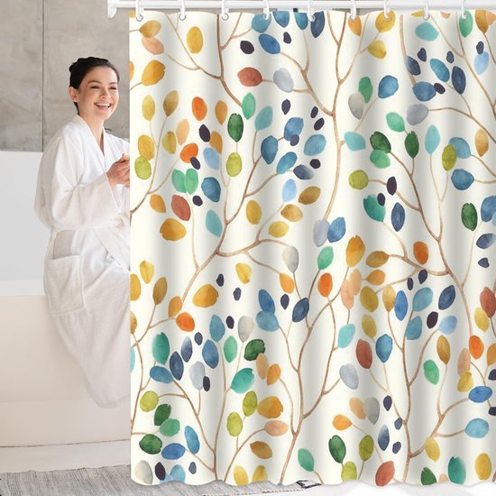 550x550-7543.jpg Unyqoos® Waterdicht polyester douchegordijn met bladpatroon en haken 180x200 cm