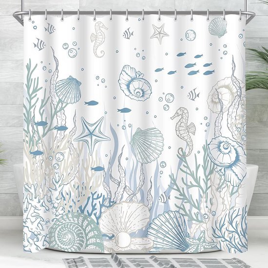 Unyqoos® Schimmelwerend Douchegordijn 200x200 cm met Zeebodemdesign en Verzwaarde Zoom