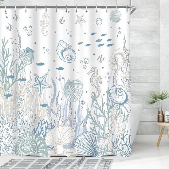 Unyqoos® Schimmelwerend Douchegordijn 200x200 cm met Zeebodemdesign en Verzwaarde Zoom