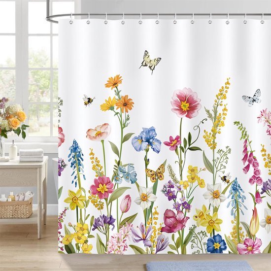 550x550-7605.jpg Unyqoos® Douchgordijn met Kleurrijke Bloemen en Vlinders voor een Frisse Lente-uitstraling 180x180 cm