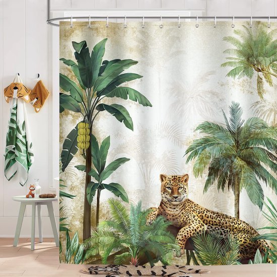 Unyqoos® Waterdicht douchegordijn met luipaardprint en tropische palmen 180x180 cm