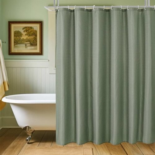 550x550-7620.jpg Unyqoos® Stijlvolle groene douchegordijn van textiel met metalen ringen en wafelpatroon