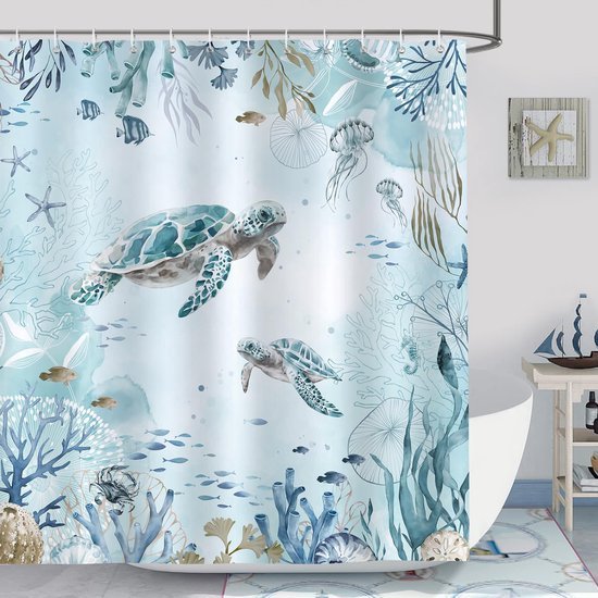 550x550-7627.jpg Unyqoos® Waterdicht douchegordijn met zeeschildpad design en 12 haken voor badkamer