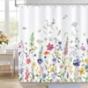 Unyqoos® Waterdicht Douchegordijn met Aquarel Bloemenmotief in Blauw en Paars, Inclusief Haken