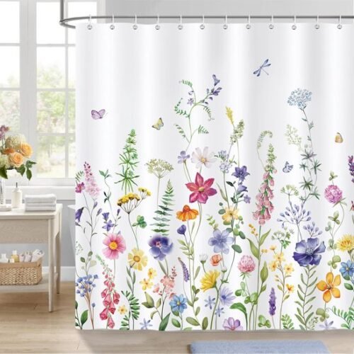 550x550-7665.jpg Unyqoos® Waterdicht Douchegordijn met Aquarel Bloemenmotief in Blauw en Paars, Inclusief Haken