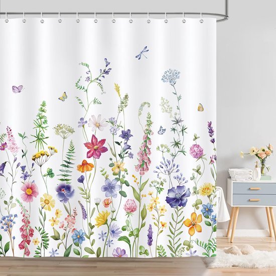 Unyqoos® Waterdicht Douchegordijn met Aquarel Bloemenmotief in Blauw en Paars, Inclusief Haken