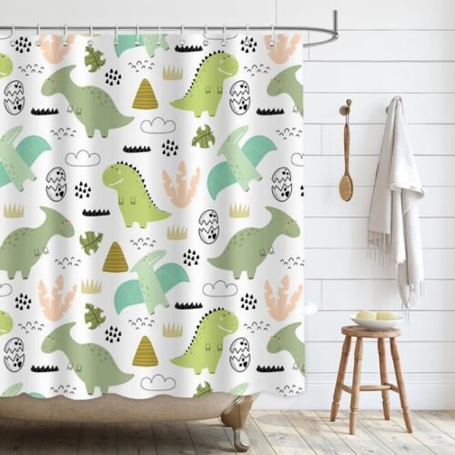 Unyqoos® Kindvriendelijke douchegordijn met kleurrijk dinosauriërs thema en haken