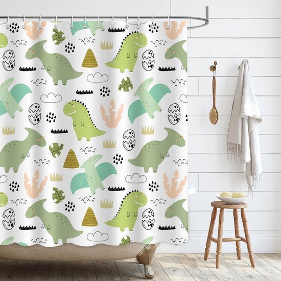 Unyqoos® Kindvriendelijke douchegordijn met kleurrijk dinosauriërs thema en haken