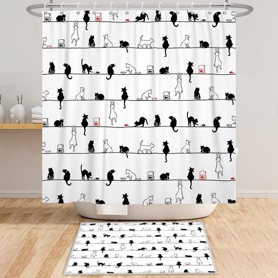 Unyqoos® Dierenprint Douchegordijn 180x180cm met Leuke Zwarte en Witte Kat op Touw Inclusief Haken