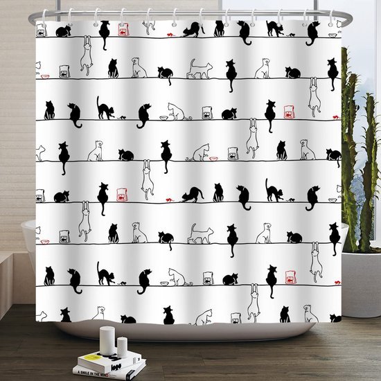 Unyqoos® Dierenprint Douchegordijn 180x180cm met Leuke Zwarte en Witte Kat op Touw Inclusief Haken