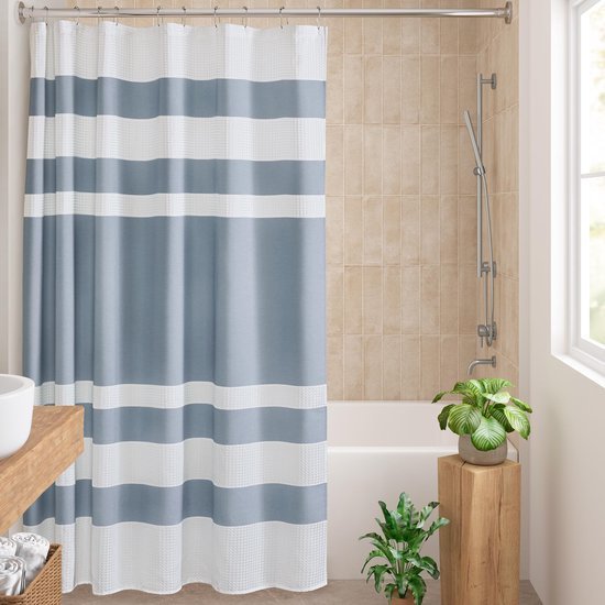 Unyqoos® Stijlvol blauw gestreept douchegordijn met vochtregulatie van 183x183 cm