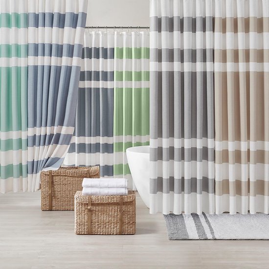 Unyqoos® Stijlvol blauw gestreept douchegordijn met vochtregulatie van 183x183 cm