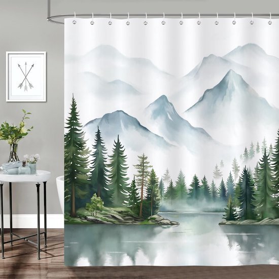 Unyqoos® Schimmelwerend Douchegordijn met Mistig Bosontwerp, Waterdicht, 180 x 180 cm, Inclusief 12 Haken