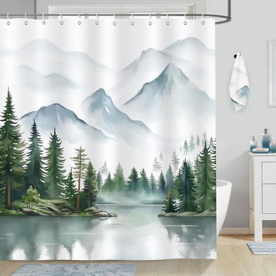 Unyqoos® Schimmelwerend Douchegordijn met Mistig Bosontwerp, Waterdicht, 180 x 180 cm, Inclusief 12 Haken