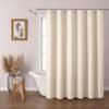 Unyqoos® Waterafstotende beige linnenlook douchegordijn met ringen 120x200 cm
