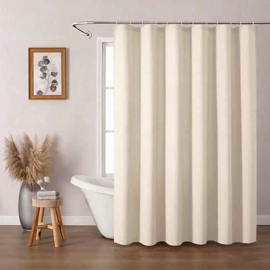 Unyqoos® Waterafstotende beige linnenlook douchegordijn met ringen 120x200 cm
