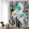 Unyqoos® Vintage Bloemen Douchegordijn met Houtnerf en Turquoise Madeliefmotief voor Badkamercomfort