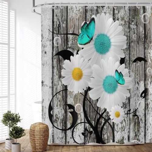 550x550-8224.jpg Unyqoos® Vintage Bloemen Douchegordijn met Houtnerf en Turquoise Madeliefmotief voor Badkamercomfort