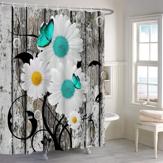 Unyqoos® Vintage Bloemen Douchegordijn met Houtnerf en Turquoise Madeliefmotief voor Badkamercomfort