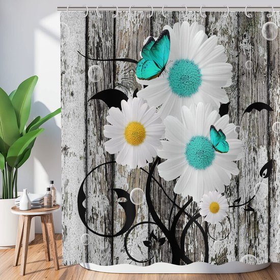 Unyqoos® Vintage Bloemen Douchegordijn met Houtnerf en Turquoise Madeliefmotief voor Badkamercomfort