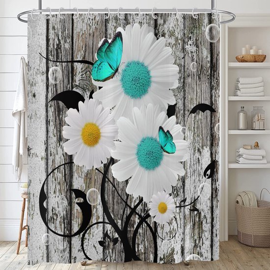 Unyqoos® Vintage Bloemen Douchegordijn met Houtnerf en Turquoise Madeliefmotief voor Badkamercomfort