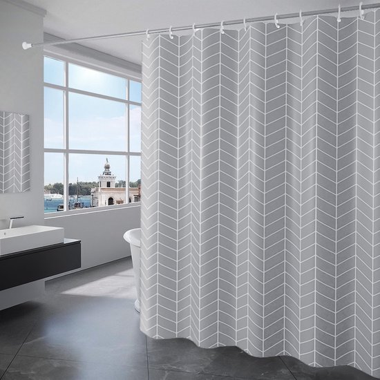 Unyqoos® Waterafstotend douchegordijn van polyester met 12 stevige ringen en grijze afwerking