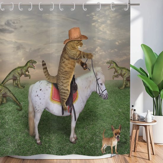 Unyqoos® Grappig Kat Cowboy Douchegordijn met Waterdichte Coating en Eenvoudige Installatie, 180 x 200 cm