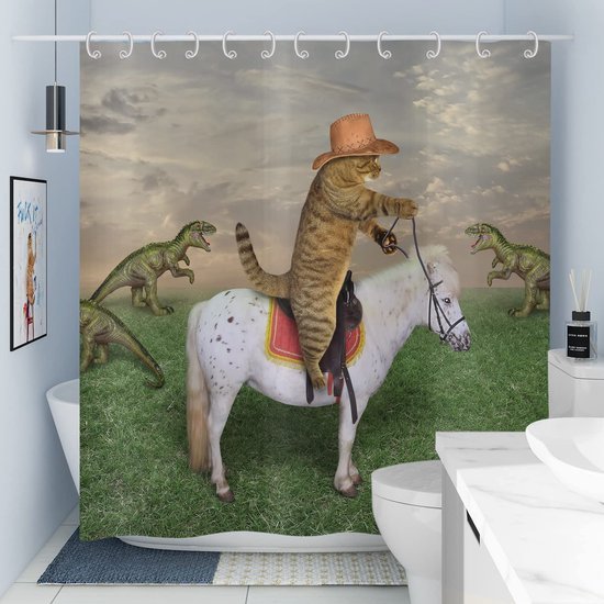 Unyqoos® Grappig Kat Cowboy Douchegordijn met Waterdichte Coating en Eenvoudige Installatie, 180 x 200 cm