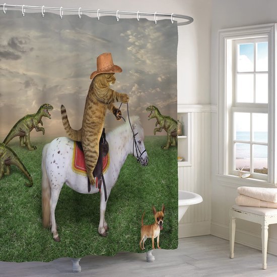 Unyqoos® Grappig Kat Cowboy Douchegordijn met Waterdichte Coating en Eenvoudige Installatie, 180 x 200 cm