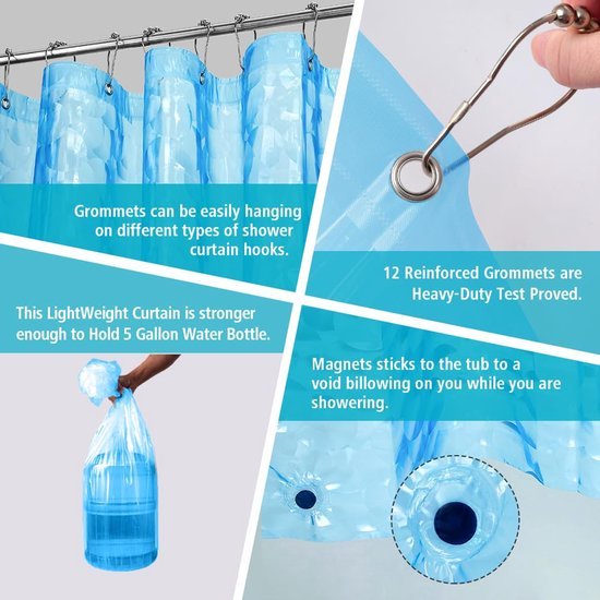 Unyqoos® Blauw douchegordijn met 3D waterkubus effect en roestvrije ogen