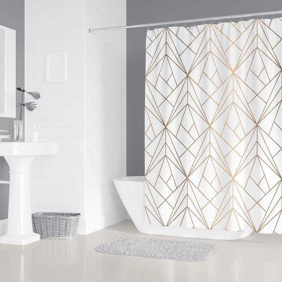 550x550-8445.jpg Unyqoos® Stijlvol Geel Driehoeken Douchegordijn met Gouden Accenten en Antischimmeleffect