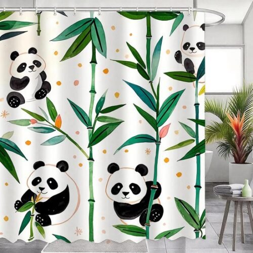550x550-8470.jpg Unyqoos® Water- en Schimmelbestendig Douchegordijn met Panda en Bladeren, Inclusief Ringen, 200 x 200 cm