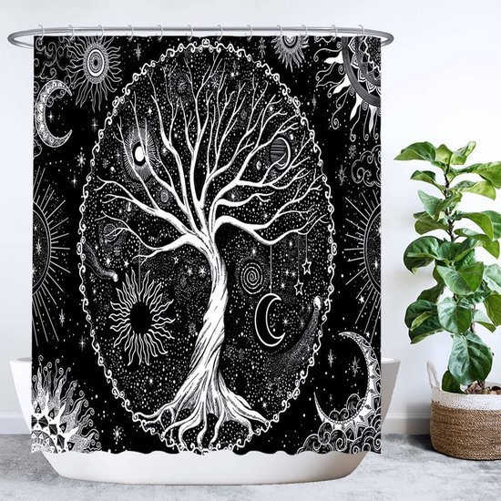 Unyqoos® Stijlvol Douchegordijn met Levensboom Ontwerp - Zwart-Wit - 180 x 200 cm - Inclusief 12 Ophangringen