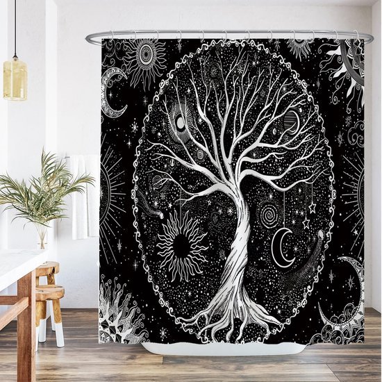 Unyqoos® Stijlvol Douchegordijn met Levensboom Ontwerp - Zwart-Wit - 180 x 200 cm - Inclusief 12 Ophangringen
