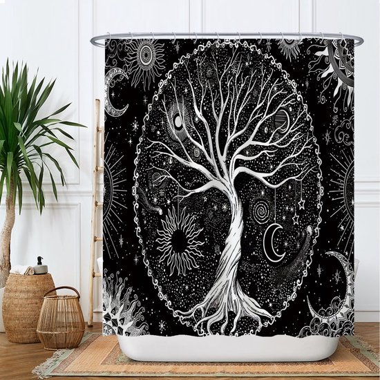 Unyqoos® Stijlvol Douchegordijn met Levensboom Ontwerp - Zwart-Wit - 180 x 200 cm - Inclusief 12 Ophangringen